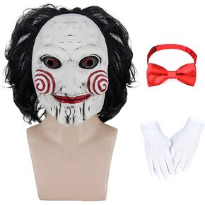 Scary Adult Halloween Costumes Mask Men Saw Billy Mask Scary Movie Cosplay Full Head Latex Mask with Bow Tie Gloves QM055