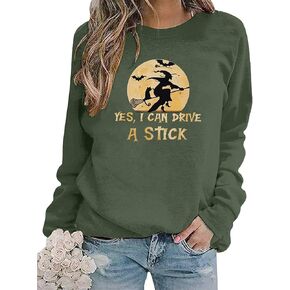 ALLTB Halloween Sweatshirts Women Halloween Witch Shirt Yes I Can Drive a Stick Shirt Spooky Season Long Sleeve Tops