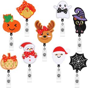 9 Pcs Holiday Badge Reels Retractable Badge Holder Nurses ID Badge Clip Halloween Thanksgiving Fall Christmas ID Badge Holder Decorative for Student Teacher(Holiday Style)
