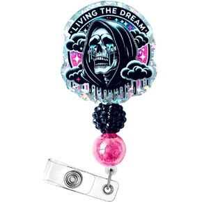 Living The Dream Funny Halloween Badge Reel Retractable ID Name Holder Clip Fun Spooky Ghost Skull Grim Reaper Radiology Skeleton Sarcastic ER Tech RN CNA MA Life Nurse Nursing Gifts Accessories