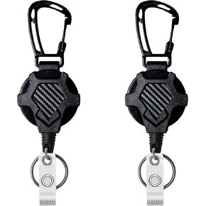 2 Pack Retractable Keychain Lanyard Heavy Duty, Tactical ID Badge Holder Reel With Carabiner, Durable Pull Badge Reels Key Holder with 32" Steels Retractable Cord, 9.0oz