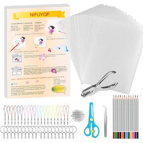 NIFUYOP Shrinky Plastic Sheets Keychain Kit, 175 Shrinky Dink Creative keychains Kit with 20 Paper Shrink Film Sheets, Hole Punch, Pencils, Keychains, Tweezers, Scissors Perfect for Shrinky Art Crafts