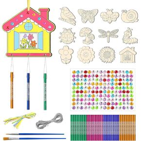 12 Pack Wind Chime Kit for Kids, Wooden Butterfly Flower Arts and Crafts with Rhinestone Flower Stickers Brushes, Boy Girl Gift Christmas