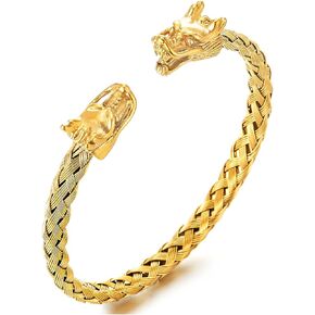 COOLSTEELANDBEYOND Dragon Head Bracelet Gold Color, Cuff Bracelet Adjustable, Steel Braided Cable Bangle for Mens