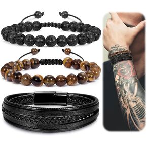 REVOLIA 3Pcs Mens Multi-Layer Braided Leather Bracelets with Clasp Lava Rock Tiger Eye Gemstone Beaded Bracelets for Men Natural Stone Beads Bracelets Adjustable Handmade Bracelet Set