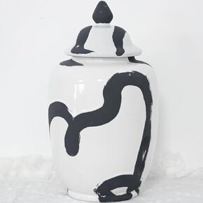Decorative Ceramic Ginger Jar with Lid, White and Black, Stylish Vase for Home Decor (Small)