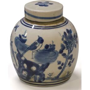 ChinaFurnitureOnline Blue and White 4.5in Porcelain Flower and Bird Small Oriental Jar with Lid