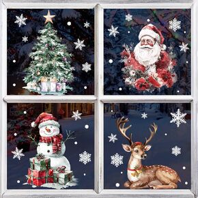 Ivenf Christmas Decorations Window Clings: 4 Sheets Large Rustic Christmas Window Clings, Farmhouse Santa Claus Snowman Reindeer Xmas Tree Snowflake Window Stickers for Home Office Holiday Party Decor