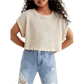 SweatyRocks Girl's Crew Neck Short Sleeve T Shirts Waffle Knit Loose Tee Tops