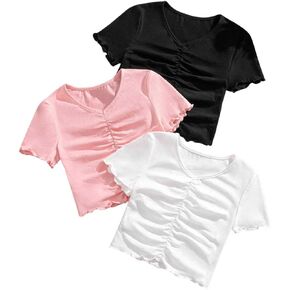 Milumia Girl's 3 Pack Ruched Short Sleeve Crop Tees V Neck Lettuce Trim Cute T-Shirts Tops