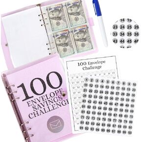 Whaline 100 Envelopes Money Saving Challenge Binder Kit, Easy and Fun Way to Save $5,050, Purple Clear Saving Budget Book with Cash Envelopes, Stickers & Marker Pen