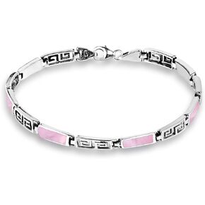 AeraVida Greek Key Labyrinth Pink Mother of Pearl Inlay .925 Sterling Silver Link Bracelet