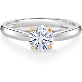 925 Sterling Silver with 10K Yellow Gold White Moissanite from Charles & Colvard Solitaire Engagement Ring For Women (0.80 Cttw, Round 6MM, Available In Size 5, 6, 7, 8, 9)