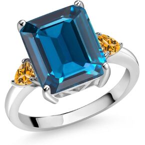 Gem Stone King 7.78 Cttw Emerald Cut London Blue Topaz and Trillion Yellow Citrine 925 Sterling Silver 3-Stone Engagement Ring For Women | Gemstone Birthstone | Available In Size 5, 6, 7, 8, 9