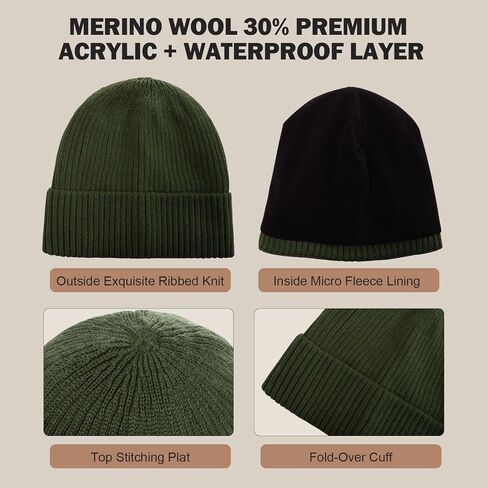 ACTLATI L/XL/XXL Waterproof Merino Wool Cuff Beanie Hat Men Women Ribbed Knit Skull Beanies Warm Fleeece Lined Winter Ski Cap in Saudi Arabia