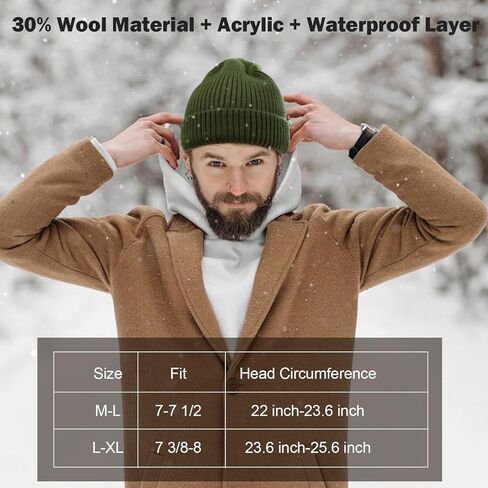 ACTLATI L/XL/XXL Waterproof Merino Wool Cuff Beanie Hat Men Women Ribbed Knit Skull Beanies Warm Fleeece Lined Winter Ski Cap in Saudi Arabia