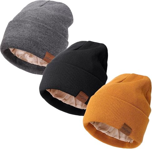 DRESHOW Satin Lined Knit Beanie Hat for Women Men Warm Winter Beanie Hat Silk Lined Caps Cuffed Hat Soft Unisex Skull Cap in Kuwait