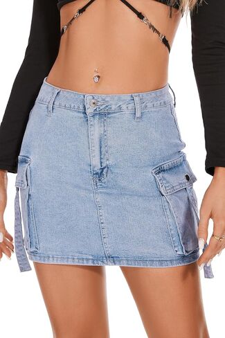 PEIQI Sexy High Waist Cargo Skirt for Women Stretchy Button Mini Cargo Denim Skirt with Pockets in Saudi Arabia