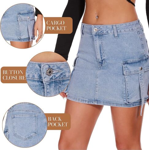 PEIQI Sexy High Waist Cargo Skirt for Women Stretchy Button Mini Cargo Denim Skirt with Pockets in Saudi Arabia