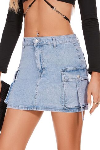 PEIQI Sexy High Waist Cargo Skirt for Women Stretchy Button Mini Cargo Denim Skirt with Pockets in Saudi Arabia