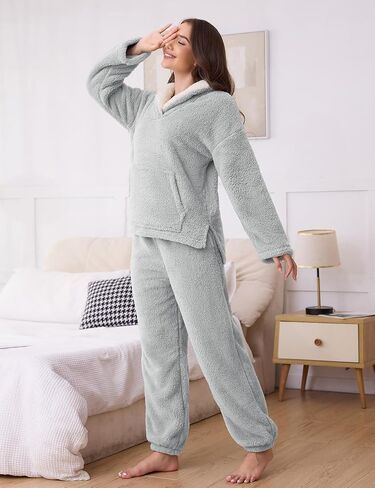 HEEKEPK Womens Fluffy Pajamas Set Fleece Fuzzy Winter Warm Pj Sets Pullover Pants Plush 2 Piece Loungewear Sleepwear Pockets in Kuwait