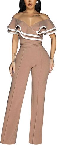 VJJ AIDEAR Women's V-Neck Off Shoulder Ruffled Sleeve Long Pants Sexy Bodycon Wide Leg Jumpsuits Club Rompers in Saudi Arabia