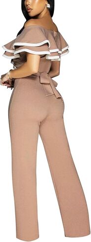 VJJ AIDEAR Women's V-Neck Off Shoulder Ruffled Sleeve Long Pants Sexy Bodycon Wide Leg Jumpsuits Club Rompers in Saudi Arabia