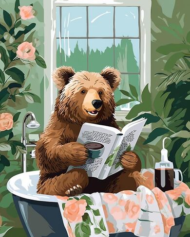Bear Reading Book in Bathtub DIY Paint by Numbers for Adults Bathroom Animal DIY Oil Painting Acrylic Paint Cute Bear Painting Kits Canvas Wall Art Green Leaves Funny Art 16x20 Inch（without Frame ） in Saudi Arabia