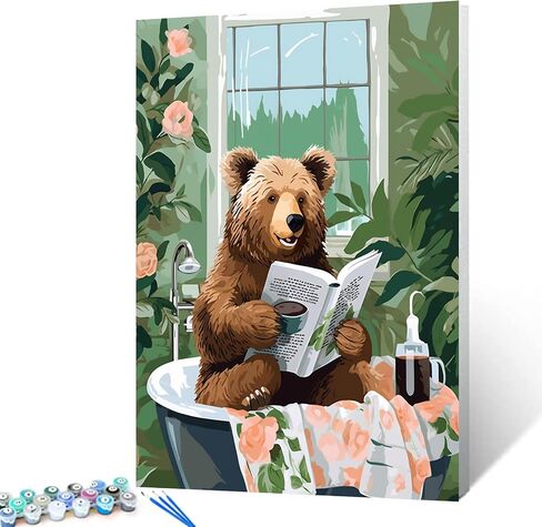 Bear Reading Book in Bathtub DIY Paint by Numbers for Adults Bathroom Animal DIY Oil Painting Acrylic Paint Cute Bear Painting Kits Canvas Wall Art Green Leaves Funny Art 16x20 Inch（without Frame ） in Saudi Arabia