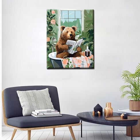 Bear Reading Book in Bathtub DIY Paint by Numbers for Adults Bathroom Animal DIY Oil Painting Acrylic Paint Cute Bear Painting Kits Canvas Wall Art Green Leaves Funny Art 16x20 Inch（without Frame ） in Saudi Arabia