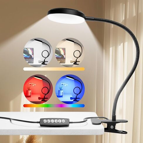 Desk Lamp with Clamp-10W，2-in-1 with RGB Ambient Light & Warm White Light,Book Reading Light Color Changeable/Flexible Gooseneck LED Lamps Clip on Bed Headboard and Computers 800LM-Black in Saudi Arabia