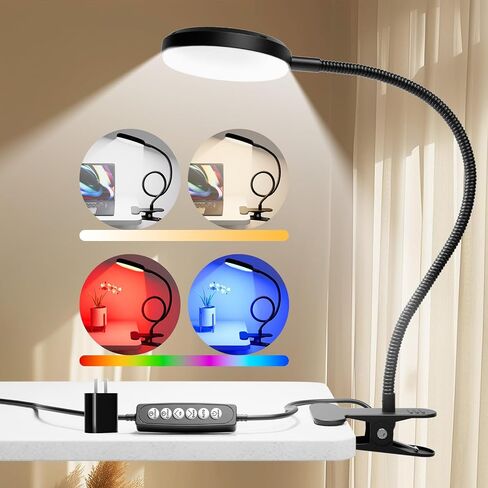 Desk Lamp with Clamp-10W，2-in-1 with RGB Ambient Light & Warm White Light,Book Reading Light Color Changeable/Flexible Gooseneck LED Lamps Clip on Bed Headboard and Computers 800LM-Black in Saudi Arabia