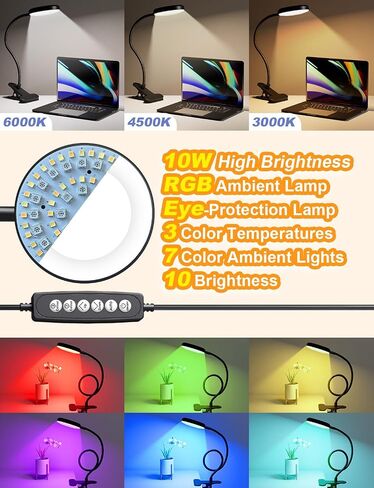 Desk Lamp with Clamp-10W，2-in-1 with RGB Ambient Light & Warm White Light,Book Reading Light Color Changeable/Flexible Gooseneck LED Lamps Clip on Bed Headboard and Computers 800LM-Black in Saudi Arabia