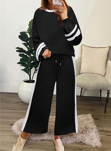 SHEWIN Women's 2 Piece Lounge Sets For Women Casual Striped Long Sleeve Tops and Wide Leg Pants Matching Set in Saudi Arabia