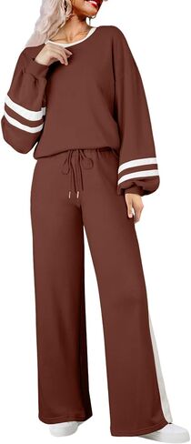 SHEWIN Women's 2 Piece Lounge Sets For Women Casual Striped Long Sleeve Tops and Wide Leg Pants Matching Set in Saudi Arabia