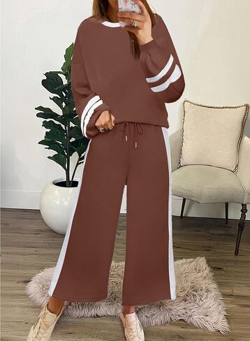 SHEWIN Women's 2 Piece Lounge Sets For Women Casual Striped Long Sleeve Tops and Wide Leg Pants Matching Set in Saudi Arabia