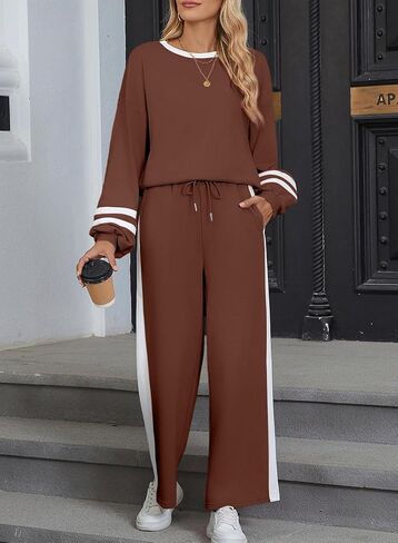 SHEWIN Women's 2 Piece Lounge Sets For Women Casual Striped Long Sleeve Tops and Wide Leg Pants Matching Set in Saudi Arabia