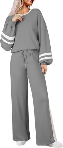 SHEWIN Women's 2 Piece Lounge Sets For Women Casual Striped Long Sleeve Tops and Wide Leg Pants Matching Set in Saudi Arabia