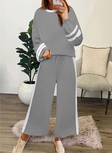 SHEWIN Women's 2 Piece Lounge Sets For Women Casual Striped Long Sleeve Tops and Wide Leg Pants Matching Set in Saudi Arabia