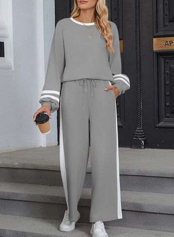 SHEWIN Women's 2 Piece Lounge Sets For Women Casual Striped Long Sleeve Tops and Wide Leg Pants Matching Set in Saudi Arabia