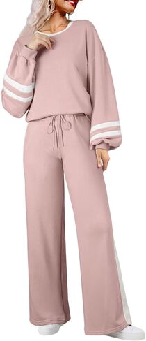 SHEWIN Women's 2 Piece Lounge Sets For Women Casual Striped Long Sleeve Tops and Wide Leg Pants Matching Set in Saudi Arabia
