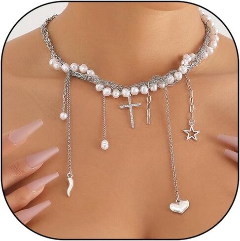 GIGB PBDK Silver Y2k Tassel Choker Necklace Long Adjustable Butterfly Cross Pendant Necklace Dainty Retro Jewelry Accessories Gifts for Women in Saudi Arabia