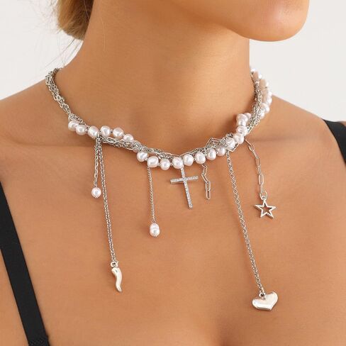 GIGB PBDK Silver Y2k Tassel Choker Necklace Long Adjustable Butterfly Cross Pendant Necklace Dainty Retro Jewelry Accessories Gifts for Women in Saudi Arabia