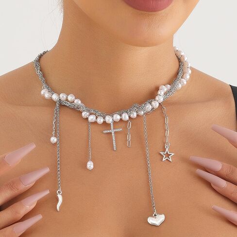 GIGB PBDK Silver Y2k Tassel Choker Necklace Long Adjustable Butterfly Cross Pendant Necklace Dainty Retro Jewelry Accessories Gifts for Women in Saudi Arabia