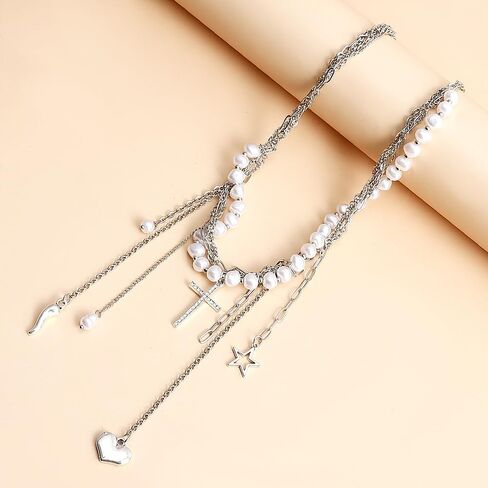 GIGB PBDK Silver Y2k Tassel Choker Necklace Long Adjustable Butterfly Cross Pendant Necklace Dainty Retro Jewelry Accessories Gifts for Women in Saudi Arabia
