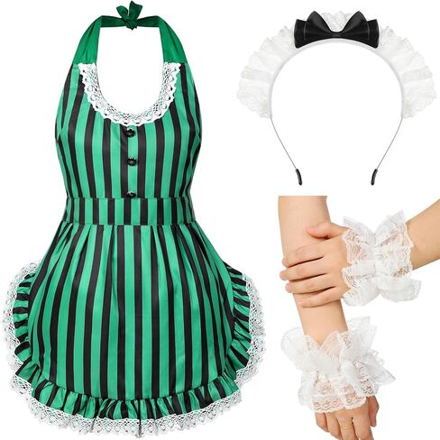 3 قطع من أزياء الهالوين المسكونة بفيلم رعب بارك ملحقات زي مخططة باللون الأخضر ومريلة من الدانتيل وعصابة رأس وأساور معصم للبالغين والنساء والحفلات التنكرية in Kuwait