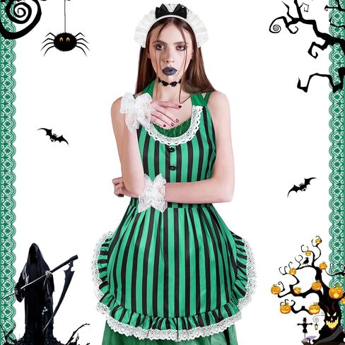 3 قطع من أزياء الهالوين المسكونة بفيلم رعب بارك ملحقات زي مخططة باللون الأخضر ومريلة من الدانتيل وعصابة رأس وأساور معصم للبالغين والنساء والحفلات التنكرية in Kuwait