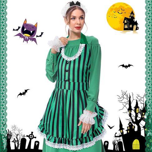 3 قطع من أزياء الهالوين المسكونة بفيلم رعب بارك ملحقات زي مخططة باللون الأخضر ومريلة من الدانتيل وعصابة رأس وأساور معصم للبالغين والنساء والحفلات التنكرية in Kuwait