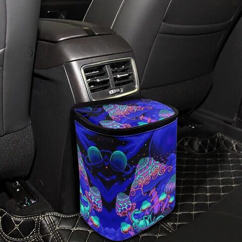 Biyejit Blue Mushroom Print Car Trash Can with Lid, Auto Garbage Bin Leak-Proof Automotive Garbage Can Multipurpose Foldable Organizer Hanging Bag for Automotive SUV Trunk in Kuwait