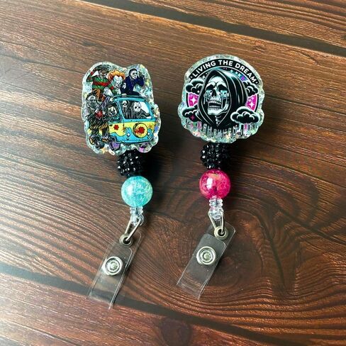 Living The Dream Funny Halloween Badge Reel Retractable ID Name Holder Clip Fun Spooky Ghost Skull Grim Reaper Radiology Skeleton Sarcastic ER Tech RN CNA MA Life Nurse Nursing Gifts Accessories in Kuwait